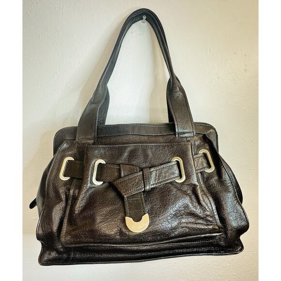 B. Makowsky Dark Brown Leather Purse Handbag With Silver Accents - Picture 1 of 12